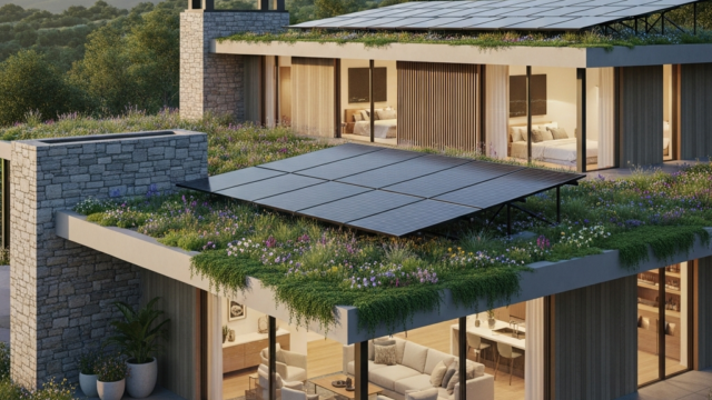 une photo d une villa de luxe avec des panneaux solaires et