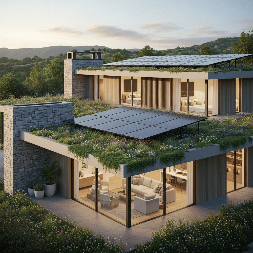 une photo d une villa de luxe avec des panneaux solaires et